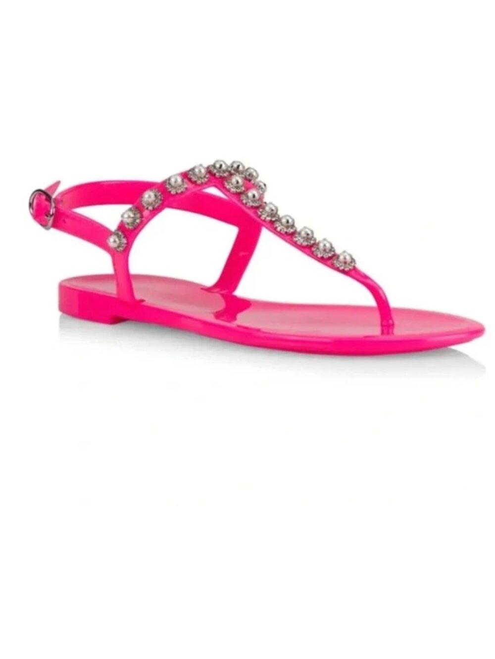 NEW STUART WEITZMAN Pearl Crystal-embellished Jelly Thong Sandals In Neon Pink
